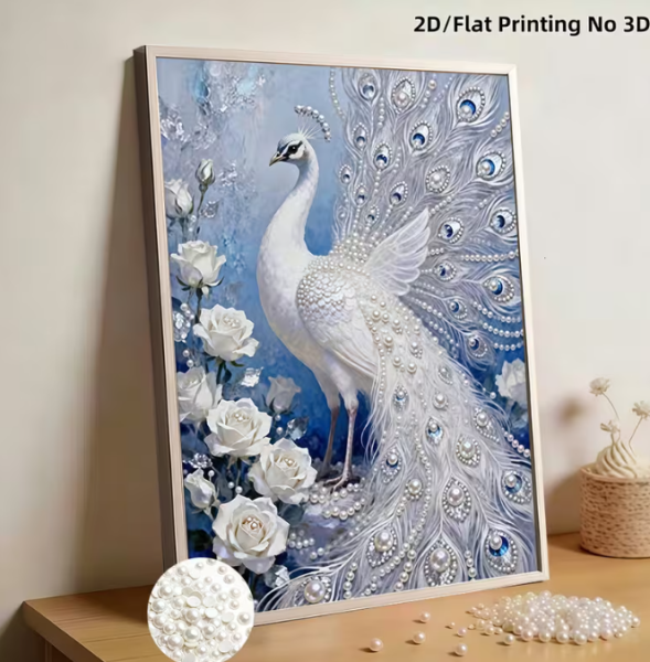 Diamond Painting Perlen Pfau mit weissen Rosen